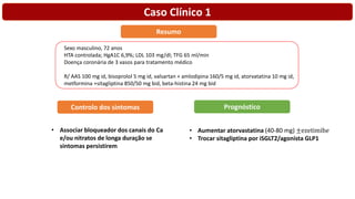 Caso Clínico 1
Sexo masculino, 72 anos
HTA controlada; HgA1C 6,9%; LDL 103 mg/dl; TFG 65 ml/min
Doença coronária de 3 vasos para tratamento médico
R/ AAS 100 mg id, bisoprolol 5 mg id, valsartan + amlodipina 160/5 mg id, atorvatatina 10 mg id,
metformina +sitagliptina 850/50 mg bid, beta-histina 24 mg bid
Controlo dos sintomas Prognóstico
• Aumentar atorvastatina (40-80 mg) ±ezetimib𝑒
• Trocar sitagliptina por iSGLT2/agonista GLP1
• Associar bloqueador dos canais do Ca
e/ou nitratos de longa duração se
sintomas persistirem
Resumo
 