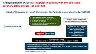 Effect of Ticagrelor on Health Outcomes in DM Patients Intervention Study (THEMIS)
Results in mid 2019
Antiagregation in Diabetes: Ticagrelor in patients with DM and stable
coronary artery disease (no prior MI)
 