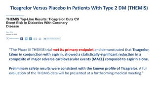 Ticagrelor Versus Placebo in Patients With Type 2 DM (THEMIS)
“The Phase III THEMIS trial met its primary endpoint and demonstrated that Ticagrelor,
taken in conjunction with aspirin, showed a statistically-significant reduction in a
composite of major adverse cardiovascular events (MACE) compared to aspirin alone.
Preliminary safety results were consistent with the known profile of Ticagrelor. A full
evaluation of the THEMIS data will be presented at a forthcoming medical meeting.”
 