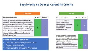 Seguimento na Doença Coronária Crónica
Consultas MCDTs
Periodicidade da consulta:
• Cada 4-6 meses no primeiro ano
• Depois anualmente
• Em Cuidados de Saúde Primários
 