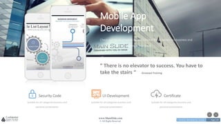 w w w . D o m a i n . c o m Page 110
www.MainSlide.com
© All Rights Reserved.
Confidential
Mobile App
Development
Check our result of works below, Suitable for all categories business and
personal presentation, eaque ipsa quae
“ There is no elevator to success. You have to
take the stairs “ -Growwel Training-
Security Code
Suitable for all categories business and
personal presentation
UI Development
Suitable for all categories business and
personal presentation
Certificate
Suitable for all categories business and
personal presentation
 