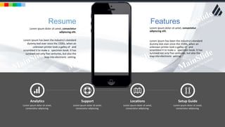 w w w . D o m a i n . c o m Page 131
www.MainSlide.com
© All Rights Reserved.
Confidential
Analytics
Lorem ipsum dolor sit amet,
consectetur adipiscing.
Support
Lorem ipsum dolor sit amet,
consectetur adipiscing.
Locations
Lorem ipsum dolor sit amet,
consectetur adipiscing.
Setup Guide
Lorem ipsum dolor sit amet,
consectetur adipiscing.
Lorem ipsum dolor sit amet, consectetur
adipiscing elit.
Lorem Ipsum has been the industry's standard
dummy text ever since the 1500s, when an
unknown printer took a galley of and
scrambled it to make a specimen book. It has
survived not only five centuries, but also the
leap into electronic setting.
Features
Lorem ipsum dolor sit amet, consectetur
adipiscing elit.
Lorem Ipsum has been the industry's standard
dummy text ever since the 1500s, when an
unknown printer took a galley of and
scrambled it to make a specimen book. It has
survived not only five centuries, but also the
leap into electronic setting.
Resume
 