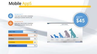 Mobile AppS
Development
HTML / CSS3 45%
Joomla 65%
Wordpress 75%
E-Commerce 90%
PHP / Javascript 70%
Sample text 01
Lorem ipsum dolor sit amet, consectetuer
adipiscing elit, sed diam nonummy nibh
Sample text 02
Lorem ipsum dolor sit amet, consectetuer
adipiscing elit, sed diam nonummy nibh
STARTING
FROM
$45
 