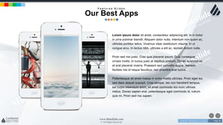 w w w . D o m a i n . c o m Page 36
www.MainSlide.com
© All Rights Reserved.
Confidential
Lorem ipsum dolor sit amet, consectetur adipiscing elit. In in tortor
in urna pulvinar blandit. Aliquam dolor nulla, interdum non quam ac,
ultricies porttitor tellus. Vivamus vitae vestibulum mauris. In ut
congue arcu. In lectus nibh, ultricies a elit ac, laoreet dictum nulla.
Proin sed nisi justo. Cras quis placerat ipsum. Duis consequat
ornare mollis. In luctus justo at dapibus pretium. Donec euismod ex
et erat placerat viverra. Praesent sed convallis augue. Aenean
facilisis nisi id neque faucibus, nec pharetra erat luctus.
Pellentesque sit amet massa in tortor mattis ultricies. Proin eget dui
sed diam aliquet suscipit. Cras semper, leo non hendrerit tempus,
est turpis bibendum enim, sit amet commodo dui nunc ultrices
metus. Donec sapien erat, pellentesque eget commodo id, rutrum
quis mi. Proin sed nisi sapien.
F e a t u r e s S l i d e s
Our Best Apps
 