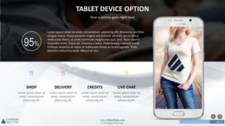 w w w . D o m a i n . c o m Page 39
www.MainSlide.com
© All Rights Reserved.
Confidential
TABLET DEVICE OPTION
Your subtitles goes right here
SHOP
Lorem ipsum dolor sit
amet, consectetuer
adipiscing elit.
DELIVERY
Lorem ipsum dolor sit
amet, consectetuer
adipiscing elit.
CREDITS
Lorem ipsum dolor sit
amet, consectetuer
adipiscing elit.
LIVE CHAT
Lorem ipsum dolor sit
amet, consectetuer
adipiscing elit.
95%
Lorem ipsum dolor sit amet, consectetuer adipiscing elit. Maecenas porttitor
congue massa. Fusce posuere, magna sed pulvinar ultricies, purus lectus
malesuada libero, sit amet commodo magna eros quis urna. Nunc viverra
imperdiet enim. Fusce est. Vivamus a tellus. Pellentesque habitant morbi
tristique senectus et netus et malesuada fames ac turpis egestas. Proin
pharetra nonummy pede. Mauris et orci.
 