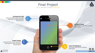 w w w . D o m a i n . c o m Page 4
www.MainSlide.com
© All Rights Reserved.
Confidential
Final Project
Put a relevant subtitle in this line
I
w
q
i
Clever & Intellegence
Lorem ipsum dolor sit amet, consectetur
adipiscing elit.
Strong & Energic
Lorem ipsum dolor sit amet, consectetur
adipiscing elit.
Graphic Design
Lorem ipsum dolor sit amet, consectetur
adipiscing elit. Curabitur elementum
posuere pretium
Development Code
Lorem ipsum dolor sit amet, consectetur
adipiscing elit. Curabitur elementum
posuere pretium.
 