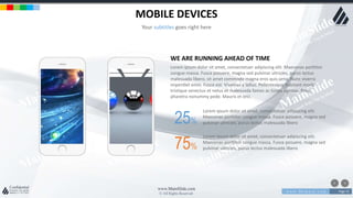 w w w . D o m a i n . c o m Page 55
www.MainSlide.com
© All Rights Reserved.
Confidential
MOBILE DEVICES
Your subtitles goes right here
WE ARE RUNNING AHEAD OF TIME
Lorem ipsum dolor sit amet, consectetuer adipiscing elit. Maecenas porttitor
congue massa. Fusce posuere, magna sed pulvinar ultricies, purus lectus
malesuada libero, sit amet commodo magna eros quis urna. Nunc viverra
imperdiet enim. Fusce est. Vivamus a tellus. Pellentesque habitant morbi
tristique senectus et netus et malesuada fames ac turpis egestas. Proin
pharetra nonummy pede. Mauris et orci.
25%
Lorem ipsum dolor sit amet, consectetuer adipiscing elit.
Maecenas porttitor congue massa. Fusce posuere, magna sed
pulvinar ultricies, purus lectus malesuada libero
75%
Lorem ipsum dolor sit amet, consectetuer adipiscing elit.
Maecenas porttitor congue massa. Fusce posuere, magna sed
pulvinar ultricies, purus lectus malesuada libero
 