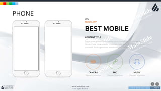 w w w . D o m a i n . c o m Page 73
www.MainSlide.com
© All Rights Reserved.
Confidential
PHONE
iOS
MUSICAPP
BEST MOBILE
Sugar plum gummi bears candy canes danish cake bear claw cake.
Dessert bear claw powder chocolate cake wafer fruitcake macaroon tart
croissant. Pastry gummies marshmallow jelly beans
CONTENTTITLE
CAMERA
Dessert tiramisu
MIC
Dessert tiramisu
MUSIC
Dessert tiramisu
 