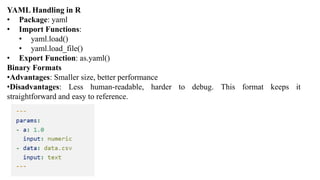 YAML Handling in R
• Package: yaml
• Import Functions:
• yaml.load()
• yaml.load_file()
• Export Function: as.yaml()
Binary Formats
•Advantages: Smaller size, better performance
•Disadvantages: Less human-readable, harder to debug. This format keeps it
straightforward and easy to reference.
 