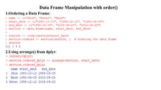 Data Frame Manipulation with order()
1.Ordering a Data Frame:
2.Using arrange() from dplyr:
 
