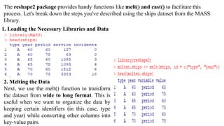 The reshape2 package provides handy functions like melt() and cast() to facilitate this
process. Let's break down the steps you've described using the ships dataset from the MASS
library.
1. Loading the Necessary Libraries and Data
2. Melting the Data
Next, we use the melt() function to transform
the dataset from wide to long format. This is
useful when we want to organize the data by
keeping certain identifiers (in this case, type
and year) while converting other columns into
key-value pairs.
 