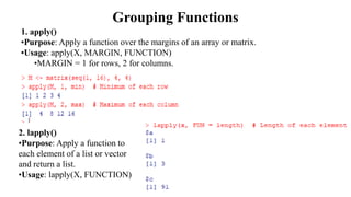 Grouping Functions
1. apply()
•Purpose: Apply a function over the margins of an array or matrix.
•Usage: apply(X, MARGIN, FUNCTION)
•MARGIN = 1 for rows, 2 for columns.
2. lapply()
•Purpose: Apply a function to
each element of a list or vector
and return a list.
•Usage: lapply(X, FUNCTION)
 