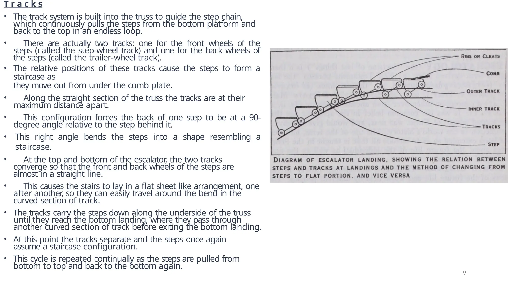 T r a c k s
• The track system is built into the truss to guide the step chain,
which continuously pulls the steps from the bottom platform and
back to the top in an endless loop.
• There are actually two tracks: one for the front wheels of the
steps (called the step-wheel track) and one for the back wheels of
the steps (called the trailer-wheel track).
• The relative positions of these tracks cause the steps to form a
staircase as
they move out from under the comb plate.
• Along the straight section of the truss the tracks are at their
maximum distance apart.
• This configuration forces the back of one step to be at a 90-
degree angle relative to the step behind it.
• This right angle bends the steps into a shape resembling a
staircase.
• At the top and bottom of the escalator
, the two tracks
converge so that the front and back wheels of the steps are
almost in a straight line.
• This causes the stairs to lay in a flat sheet like arrangement, one
after another
, so they can easily travel around the bend in the
curved section of track.
• The tracks carry the steps down along the underside of the truss
until they reach the bottom landing, where they pass through
another curved section of track before exiting the bottom landing.
• At this point the tracks separate and the steps once again
assume a staircase configuration.
• This cycle is repeated continually as the steps are pulled from
bottom to top and back to the bottom again.
9
 