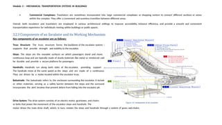 Module 3 – MECHANICAL TRANSPORTATION SYSTEMS IN BUILDINGS
v. Commercial Complexes: Travelators are sometimes incorporated into large commercial complexes or shopping centers to connect different sections or zones
within the complex. They offer a convenient and seamless transition between different areas.
Overall, both escalators and travelators are employed in various architectural settings to improve accessibility, enhance efficiency, and provide a smooth and convenient
transportation experience for individuals moving within buildings or public spaces.
3.2.3 Components of an Escalator and its Working Mechanism
Key components of an escalator are as follows:
Truss Structure: The truss structure forms the backbone of the escalator system. It consists of metal beams and
supports that provide strength and stability to the escalator.
Steps: The steps are the movable surfaces on which passengers stand and move. They are linked together in a
continuous loop and are typically made of sturdy materials like metal or reinforced rubber. The steps are designed to
be durable and provide a secure platform for passengers.
Handrails: Handrails run along both sides of the escalator, providing support and stability for passengers.
The handrails move at the same speed as the steps and are made of a continuous loop of rubberized material.
They are driven by a motor located within the escalator truss.
Balustrade: The balustrade refers to the enclosure surrounding the escalator. It includes panels made of glass, metal,
or other materials, serving as a safety barrier between the steps and the surrounding area. The balustrade also
incorporates the skirt brushes that prevent debris from falling into the escalator pit.
Drive System: The drive system consists of an electric motor, gearboxes, and chains
or belts that power the movement of the escalator steps and handrails. The
motor drives the main drive shaft, which, in turn, rotates the steps and handrails through a system of gears and chains.
Figure 14: Components of an escalator
 