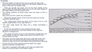 T r a c k s
• The track system is built into the truss to guide the step chain,
which continuously pulls the steps from the bottom platform and
back to the top in an endless loop.
• There are actually two tracks: one for the front wheels of the
steps (called the step-wheel track) and one for the back wheels of
the steps (called the trailer-wheel track).
• The relative positions of these tracks cause the steps to form a
staircase as
they move out from under the comb plate.
• Along the straight section of the truss the tracks are at their
maximum distance apart.
• This configuration forces the back of one step to be at a 90-
degree angle relative to the step behind it.
• This right angle bends the steps into a shape resembling a
staircase.
• At the top and bottom of the escalator
, the two tracks
converge so that the front and back wheels of the steps are
almost in a straight line.
• This causes the stairs to lay in a flat sheet like arrangement, one
after another
, so they can easily travel around the bend in the
curved section of track.
• The tracks carry the steps down along the underside of the truss
until they reach the bottom landing, where they pass through
another curved section of track before exiting the bottom landing.
• At this point the tracks separate and the steps once again
assume a staircase configuration.
• This cycle is repeated continually as the steps are pulled from
bottom to top and back to the bottom again.
9
 