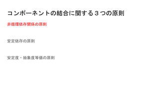コンポーネントの結合に関する３つの原則
非循環依存関係の原則
安定依存の原則
安定度・抽象度等価の原則
 