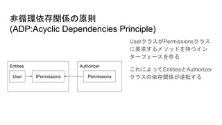 非循環依存関係の原則
(ADP:Acyclic Dependencies Principle)
UserクラスがPermissionsクラス
に要求するメソッドを持つイン
ターフェースを作る
これによってEntitiesとAuthorizer
クラスの依存関係が逆転する
Entities Authorizer
User PermissionsIPermissions
 