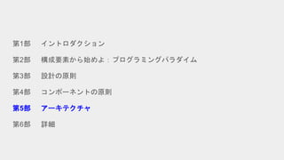 第1部 イントロダクション
第2部 構成要素から始めよ：プログラミングパラダイム
第3部 設計の原則
第4部 コンポーネントの原則
第5部 アーキテクチャ
第6部 詳細
 