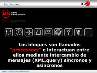 los bloques... Los bloques son llamados  “ processors ”  e interactuan entre ellos mediante intercambio de mensajes (XML,query) sincronos y asincronos … 