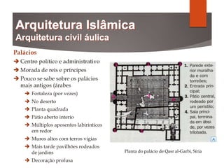 Palácios
 Centro político e administrativo
 Morada de reis e príncipes
 Pouco se sabe sobre os palácios
mais antigos (árabes
 Fortaleza (por vezes)
 No deserto
 Planta quadrada
 Pátio aberto interio
 Múltiplos aposentos labirinticos
em redor
 Muros altos com terros vigias
 Mais tarde pavilhões rodeados
de jardins
 Decoração profusa
Planta do palácio de Qasr al-Garbi, Síria
 