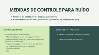 MEDIDAS DE CONTROLE PARA RUÍDO
Presença de obstáculos na propagação do som;
Não uniformidade do meio (ex.: ventos, gradientes de temperatura, etc.)
Substituição de equipamentos;
Manutenção preventiva nos equipamentos;
Lubrificação periódica das partes e componentes;
Redução de impactos;
Programar as operações de modo que o mínimo
de equipamentos permaneça ligados
simultaneamente;
Etc.
CONTROLE NA FONTE
Absorção: materiais porosos ou fibrosos;
Isolamento: materiais isolantes.
CONTROLE NA TRAJETÓRIA
 