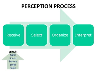 PERCEPTION PROCESS
Stimuli:
Sight
Sound
Texture
Smell
Taste