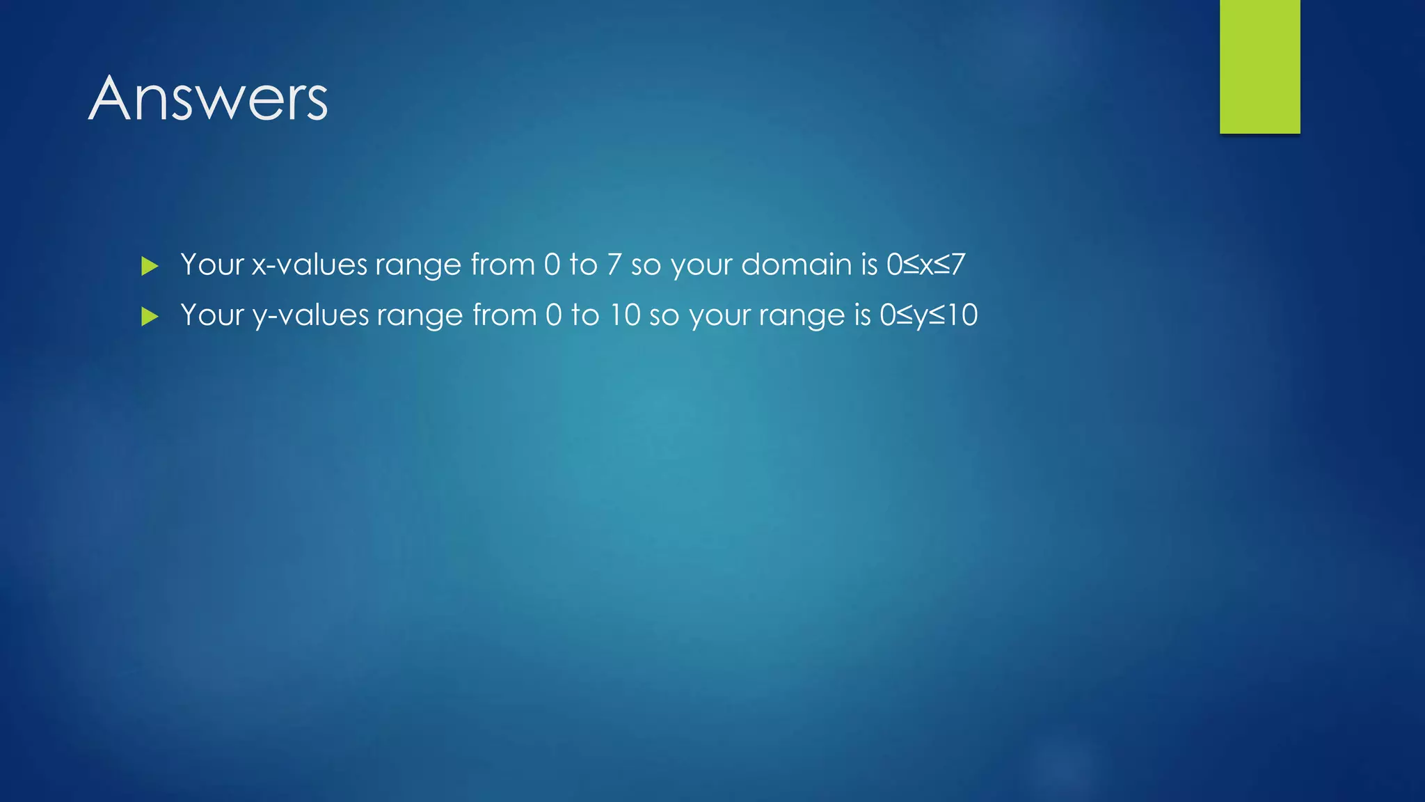 Answers
Your x-values range from 0 to 7 so your domain is 0≤x≤7
Your y-values range from 0 to 10 so your range is 0≤y≤10