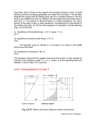 only shear force is there at the support and bending moment is zero, (ii) both
bending moment (increasing gradually) and shear force (constant = P) are there
between the support and the loading point and (iii) a constant moment (= PL/3) is
there in the middle third zone i.e. between the two loads where the shear force is
zero (Fig. 1.1.1 of Lesson 1). Since the beam is in static equilibrium, any cross-
section of the beam is also in static equilibrium. Considering the cross-section in
the middle zone (Fig. 3.4.18) the three equations of equilibrium are the following
(Figs. 3.4.19 and 20):
(i) Equilibrium of horizontal forces: Σ H = 0 gives T = C
(3.1)
(ii) Equilibrium of vertical shear forces: Σ V = 0
(3.2)
This equation gives an identity 0 = 0 as there is no shear in the middle
third zone of the beam.
(iii) Equilibrium of moments: Σ M = 0,
(3.3)
This equation shows that the applied moment at the section is fully resisted by
moment of the resisting couple T a = C a , where a is the operating lever arm
between T and C (Figs. 3.4.19 and 20).
3.4.5 Computations of C and T
Version 2 CE IIT, Kharagpur
 