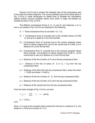 Figures 3.4.21a and b present the enlarged view of the compressive part
of the strain and stress diagrams. The convex parabolic part of the stress block of
Fig. 3.4.21b is made rectangular by dotted lines to facilitate the calculations
adding another concave parabolic stress zone which is really non-existent as
marked by hatch in Fig. 3.4.21b.
The different compressive forces C, C1, C2 and C3 and distances x1 to x5
and xu as marked in Fig. 3.4.21b are explained in the following:
C = Total compressive force of concrete = C1 + C2
C1 = Compressive force of concrete due to the constant stress of 0.446
fck and up to a depth of x3 from the top fibre
C2 = Compressive force of concrete due to the convex parabolic stress
block of values ranging from zero at the neutral axis to 0.446 fck at a
distance of x3 from the top fibre
C3 = Compressive force of concrete due to the concave parabolic stress
block (actually non-existent) of values ranging from 0.446 fck at the
neutral axis to zero at a distance of x3 from the top fibre
x1 = Distance of the line of action of C1 from the top compressive fibre
x2 = Distance of the line of action of C (= C1 + C2) from the top
compressive fibre
x3 = Distance of the fibre from the top compressive fibre, where the strain
= 0.002 and stress = 0.446 fck
x4 = Distance of the line of action of C2 from the top compressive fibre
x5 = Distance of the line of action of C3 from the top compressive fibre
xu = Distance of the neutral axis from the top compressive fibre.
From the strain triangle of Fig. 3.4.21a, we have
570
7
4
00350
00203 .
.
.
x
xx
u
u ===
−
, giving
x3 = 0.43 xu
(3.4)
Since C1 is due to the constant stress acting from the top to a distance of x3, the
distance x1 of the line of action of C1 is:
Version 2 CE IIT, Kharagpur
 