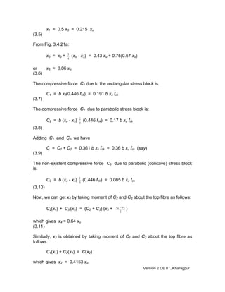 x1 = 0.5 x3 = 0.215 xu
(3.5)
From Fig. 3.4.21a:
x5 = x3 +
4
3
(xu - x3) = 0.43 xu + 0.75(0.57 xu)
or x5 = 0.86 xu
(3.6)
The compressive force C1 due to the rectangular stress block is:
C1 = b x3(0.446 fck) = 0.191 b xu fck
(3.7)
The compressive force C2 due to parabolic stress block is:
C2 = b (xu - x3)
3
2
(0.446 fck) = 0.17 b xu fck
(3.8)
Adding C1 and C2, we have
C = C1 + C2 = 0.361 b xu fck = 0.36 b xu fck (say)
(3.9)
The non-existent compressive force C3 due to parabolic (concave) stress block
is:
C3 = b (xu - x3)
3
1
(0.446 fck) = 0.085 b xu fck
(3.10)
Now, we can get x4 by taking moment of C2 and C3 about the top fibre as follows:
C2(x4) + C3 (x5) = (C2 + C3) (x3 +
2
3xxu −
)
which gives x4 = 0.64 xu
(3.11)
Similarly, x2 is obtained by taking moment of C1 and C2 about the top fibre as
follows:
C1(x1) + C2(x4) = C(x2)
which gives x2 = 0.4153 xu
Version 2 CE IIT, Kharagpur
 