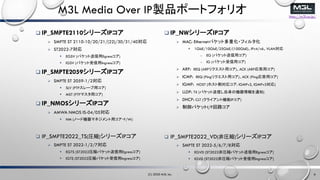 http://m3l.co.jp/
M3L Media Over IPuƷݩ`ȥեꥪ
? IP_SMPTE2110`IP
? SMPTE ST 2110-10/20/21/(22)/30/31/40
? ST2022-7
? EGSV (ѥåEgress)
? IGSV (ѥåIngress)
? IP_SMPTE2059`IP
? SMPTE ST 2059-1/2
? SLV (PTP`å)
? MST (PTPޥå)
? IP_NMOS`IP
? AMWA NMOS IS-04/05
? NM (Ω`əCޥͥå?F/W)
? IP_SMPTE2022_TS(Rs)`IP
? SMPTE ST 2022-1/2/7
? EGTS (ST2022RsѥåEgress)
? IGTS (ST2022RsѥåIngress)
? IP_NW`IP
? MAC: Ethernetѥåȶػ?ե륿
? 1GbE/10GbE/25GbE/(100GbE)IPv4/v6VLAN
o EG (ѥåå)
o IG (ѥåå)
? ARP: REQ (ARPꥯå)ACK (ARPå)
? ICMP: REQ (Pingꥯå)ACK (Pingå)
? IGMP: HOST (ۥȂȌꥳ: IGMPv2, IGMPv3)
? LLDP: TX (ѥåŤΙC֪ͨ)
? DHCP: CLT (饤șCIP)
? ѥåI/F·
? IP_SMPTE2022_VD(ǈRs)`IP
? SMPTE ST 2022-5/6/7/8
? EGVD (ST2022ǈRsѥåEgress)
? IGVD (ST2022ǈRsѥåIngress)
(C) 2020 M3L Inc. 6
 
