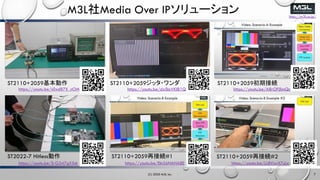 http://m3l.co.jp/
M3LMedia Over IP`
(C) 2020 M3L Inc. 7
ST2110+2059
https://youtu.be/dxSIoVKl81Q
ST2110+2059å?
https://youtu.be/A8rOFjlimQc
ST2110+2059ڽӾA
https://youtu.be/s0xd87X_nOM
ST2022-7 Hitless ST2110+2059ٽӾA#2ST2110+2059ٽӾA#1
https://youtu.be/EIn56NAHA8E https://youtu.be/LL8VswX7zjwhttps://youtu.be/S-G547gX5sk
 