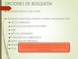 OPCIONES DE BÚSQUEDA
 BÚSQUEDA BÁSICA: UNA CAJITA
 BÚSQUEDA AVANZADA: PERMITE FILTRAR LA BÚSQUEDA POR
 TEXTO COMPLETO
 ARTÍCULOS REVISADOS POR PARES
 AÑO
 TIPO DE CONTENIDO
 CATÁLOGO DE LA BIBLIOTECA
 ARTÍCULOS DE PERIÓDICO
 RESEÑAS
 TESIS
LAS BÚSQUEDAS NO REQUIEREN AUTENTICACIÓN;
SOLAMENTE SE NECESITA PARA ACCEDER A LOS
DOCUMENTOS
 
