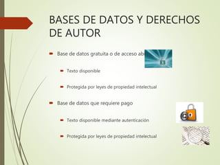 BASES DE DATOS Y DERECHOS
DE AUTOR
 Base de datos gratuita o de acceso abierto
 Texto disponible
 Protegida por leyes de propiedad intelectual
 Base de datos que requiere pago
 Texto disponible mediante autenticación
 Protegida por leyes de propiedad intelectual
 