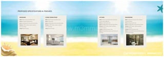 PROPOSED SPECIFICATIONS & FINISHES
Walls: Plastic Emulsion with Roller Finish
Floors: Laminated wooden ﬂooring
Doors: Hard Wood Door Frame with Flush Shutter
Windows : UPVC/ Powder coated or Anodized
Aluminum Glazing
Ceiling: Plastic Emulsion
BEDROOMS
Walls: Plastic Emulsion with Roller Finish
Floors: Vitriﬁed Tiles
Doors: Hard Wood Door Frame with Flush Shutter
Windows: UPVC/ Powder coated or Anodized
Aluminum Glazing
Ceiling: Plastic Emulsion
LIVING/ DINING ROOM
Walls: 5 0.8 mm (2 inch) high ceramic tiles above
counter, balance OBD paint
Floors: Anti skid Ceramic tiles
Doors: Hard Wood Door Frame with Flush Shutter
Windows: UPVC/ Powder coated or Anodized
Aluminum Glazing
Ceilings: Oil Bound Distemper Paint
Others: Polished Granite counter with SS sink and
CP ﬁttings
KITCHEN
Walls: Combination of Ceramic Tiles, Oil Bound
Distemper & Mirror.
Floors: Anti skid Ceramic tiles
Doors: Hard Wood Door Frame with Flush Shutter
Windows: UPVC/ Powder coated or Anodized
Aluminum Glazing
Ceilings: Oil Bound Distemper Paint
Others: Granite/ Marble Counter with White Sanitary
ﬁxtures and CP ﬁttings
WASHROOMS
Call 01244148301, 9999063322
http://www.m3mmarinaa.in/
 