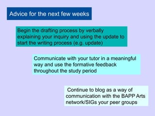 Continue to blog as a way of
communication with the BAPP Arts
network/SIGs your peer groups
Communicate with your tutor in a meaningful
way and use the formative feedback
throughout the study period
Begin the drafting process by verbally
explaining your inquiry and using the update to
start the writing process (e.g. update)
Advice for the next few weeks
 
