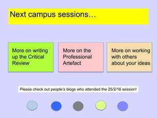 Next campus sessions…
More on writing
up the Critical
Review
More on the
Professional
Artefact
More on working
with others
about your ideas
Please check out people’s blogs who attended the 25/2/16 session!
 