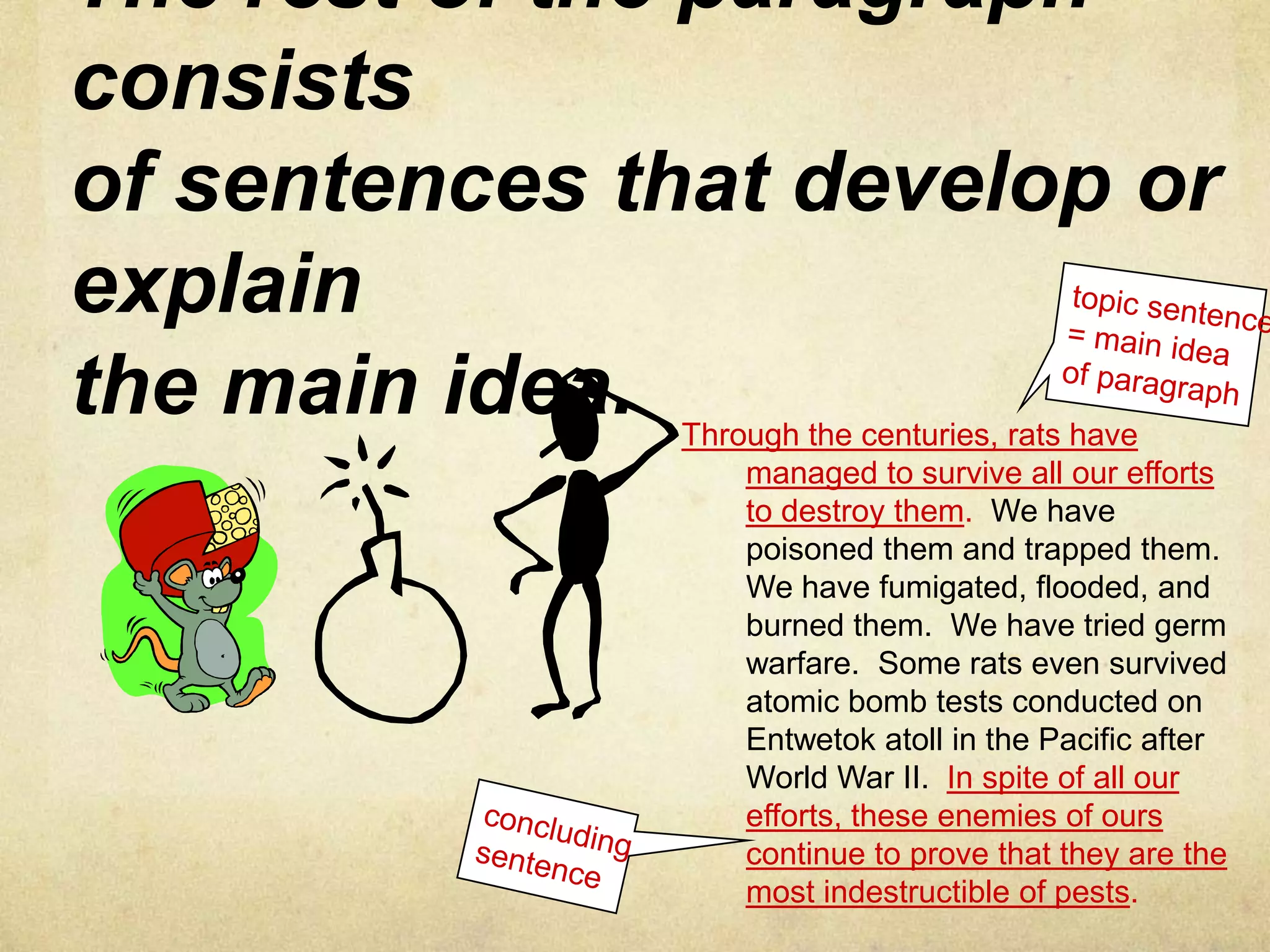 The rest of the paragraph
consists
of sentences that develop or
explain
the main idea.Through the centuries, rats have
                  managed to survive all our efforts
                  to destroy them. We have
                  poisoned them and trapped them.
                  We have fumigated, flooded, and
                  burned them. We have tried germ
                  warfare. Some rats even survived
                  atomic bomb tests conducted on
                  Entwetok atoll in the Pacific after
                  World War II. In spite of all our
                  efforts, these enemies of ours
                  continue to prove that they are the
                  most indestructible of pests.
 