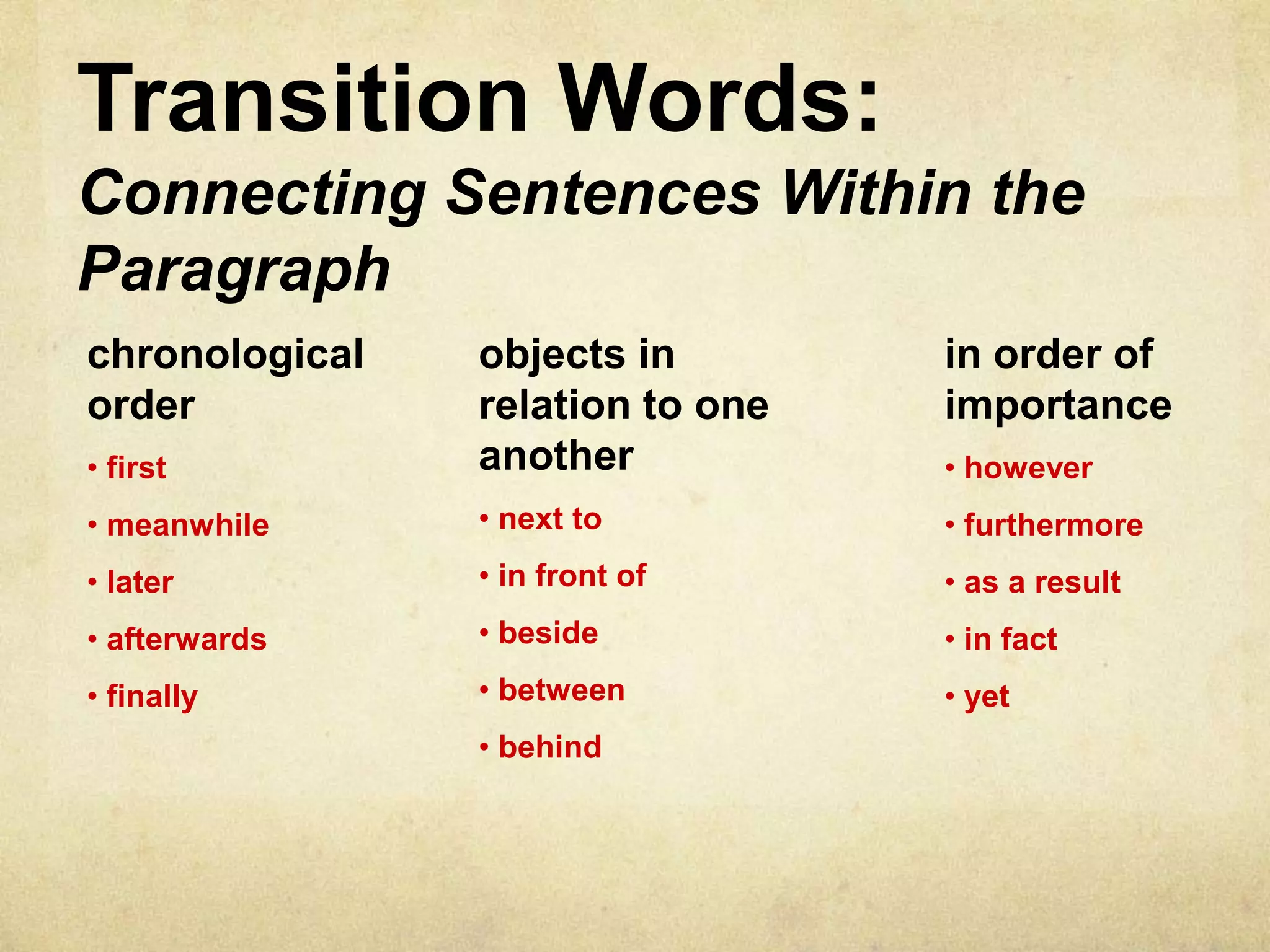 Transition Words:
Connecting Sentences Within the
Paragraph
chronological   objects in        in order of
order           relation to one   importance
• first         another           • however
• meanwhile     • next to         • furthermore
• later         • in front of     • as a result
• afterwards    • beside          • in fact
• finally       • between         • yet
                • behind
 