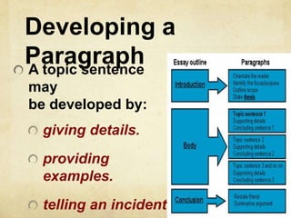 Developing a
Paragraph
A topic sentence
may
be developed by:
 giving details.
 providing
 examples.
 telling an incident.
 