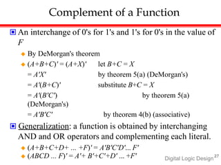 Complement of a Function
 An interchange of 0's for 1's and 1's for 0's in the value of
F
 By DeMorgan's theorem
 (A+B+C)' = (A+X)' let B+C = X
= A'X' by theorem 5(a) (DeMorgan's)
= A'(B+C)' substitute B+C = X
= A'(B'C') by theorem 5(a)
(DeMorgan's)
= A'B'C' by theorem 4(b) (associative)
 Generalization: a function is obtained by interchanging
AND and OR operators and complementing each literal.
 (A+B+C+D+ ... +F)' = A'B'C'D'... F'
 (ABCD ... F)' = A'+ B'+C'+D' ... +F' Digital Logic Design
27
 
