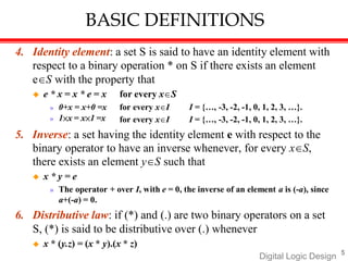 BASIC DEFINITIONS
5
Digital Logic Design
4. Identity element: a set S is said to have an identity element with
respect to a binary operation * on S if there exists an element
eS with the property that
 e * x = x * e = x for every xS
» 0+x = x+0 =x
» 1×x = x×1 =x
for every xI
for every xI
I = {…, -3, -2, -1, 0, 1, 2, 3, …}.
I = {…, -3, -2, -1, 0, 1, 2, 3, …}.
5. Inverse: a set having the identity element e with respect to the
binary operator to have an inverse whenever, for every xS,
there exists an element yS such that
 x * y = e
» The operator + over I, with e = 0, the inverse of an element a is (-a), since
a+(-a) = 0.
6. Distributive law: if (*) and (.) are two binary operators on a set
S, (*) is said to be distributive over (.) whenever
 x * (y.z) = (x * y).(x * z)
 