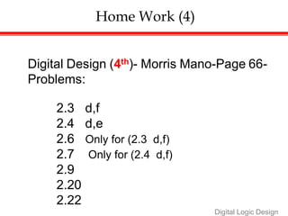Home Work (4)
Digital Logic Design
Digital Design (4th)- Morris Mano-Page 66-
Problems:
2.3 d,f
2.4 d,e
2.6 Only for (2.3 d,f)
2.7 Only for (2.4 d,f)
2.9
2.20
2.22
 