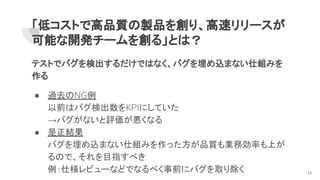 「低コストで高品質の製品を創り、高速リリースが
可能な開発チームを創る」とは？
テストでバグを検出するだけではなく、バグを埋め込まない仕組みを
作る
● 過去のNG例
以前はバグ検出数をKPIにしていた
→バグがないと評価が悪くなる
● 是正結果
バグを埋め込まない仕組みを作った方が品質も業務効率も上が
るので、それを目指すべき
例：仕様レビューなどでなるべく事前にバグを取り除く 11
 