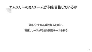 エムスリーのQAチームが何を目指しているか
低コストで高品質の製品を創り、
高速リリースが可能な開発チームを創る
7
 