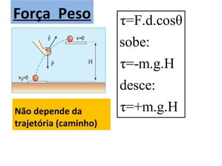 Força Peso
Não depende da
trajetória (caminho)
τ=F.d.cosθ
sobe:
τ=-m.g.H
desce:
τ=+m.g.H
 