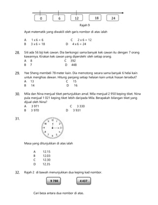 Rajah 9
Ayat matematik yang diwakili oleh garis nombor di atas ialah
A 1 x 6 = 6 C 2 x 6 = 12
B 3 x 6 = 18 D 4 x 6 = 24
28. Siti ada 56 biji kek cawan. Dia berkongsi sama banyak kek cawan itu dengan 7 orang
kawannya. Kirakan kek cawan yang diperolehi oleh setiap orang.
A 8 C 392
B 7 D 448
29. Yee Sheng membeli 78 meter kain. Dia memotong secara sama banyak 6 helai kain
untuk menghias dewan. Hitung panjang setiap helaian kain untuk hiasan tersebut?
A 13 C 15
B 14 D 16
30. Mila dan Nina menjual tiket pertunjukkan amal. Mila menjual 2 950 keping tiket. Nina
pula menjual 1 021 keping tiket lebih daripada Mila. Berapakah bilangan tiket yang
dijual oleh Nina?
A 3 971 C 3 330
B 3 970 D 3 931
31.
Masa yang ditunjukkan di atas ialah
A 12.15
B 12.03
C 12.30
D 12.35
32. Rajah 2 di bawah menunjukkan dua keping kad nombor.
Cari beza antara dua nombor di atas.
0 6 12 18 24
9 780 4 437
 
