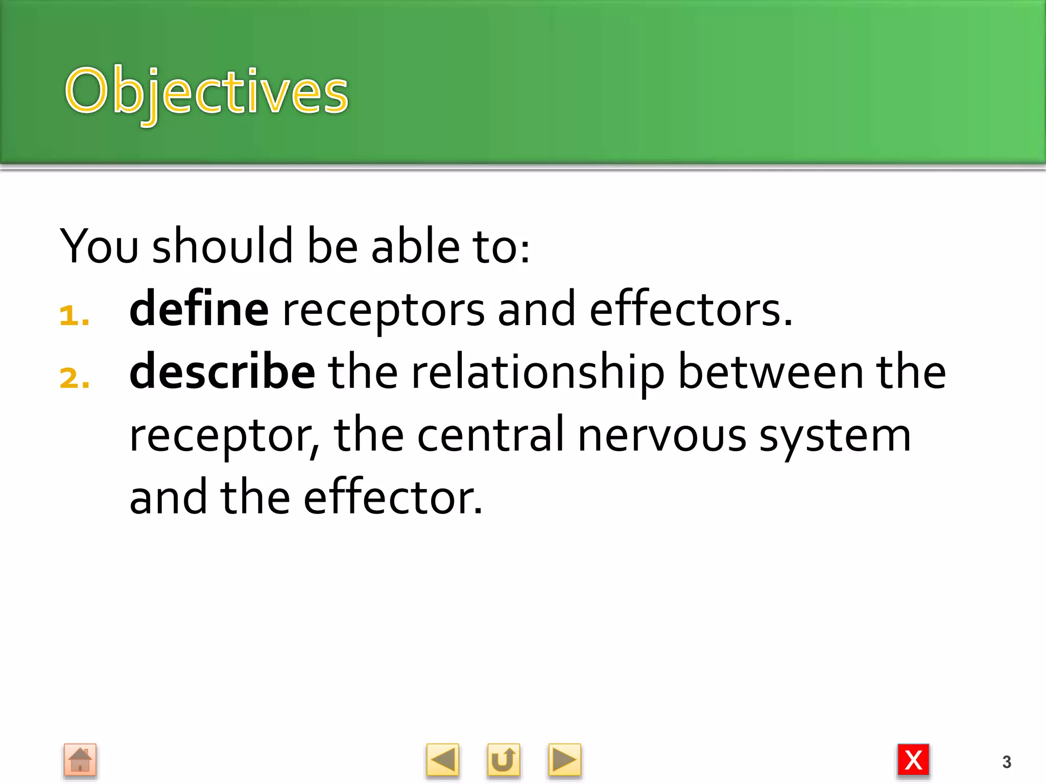 X
You should be able to:
1. define receptors and effectors.
2. describe the relationship between the
receptor, the central nervous system
and the effector.
3
 