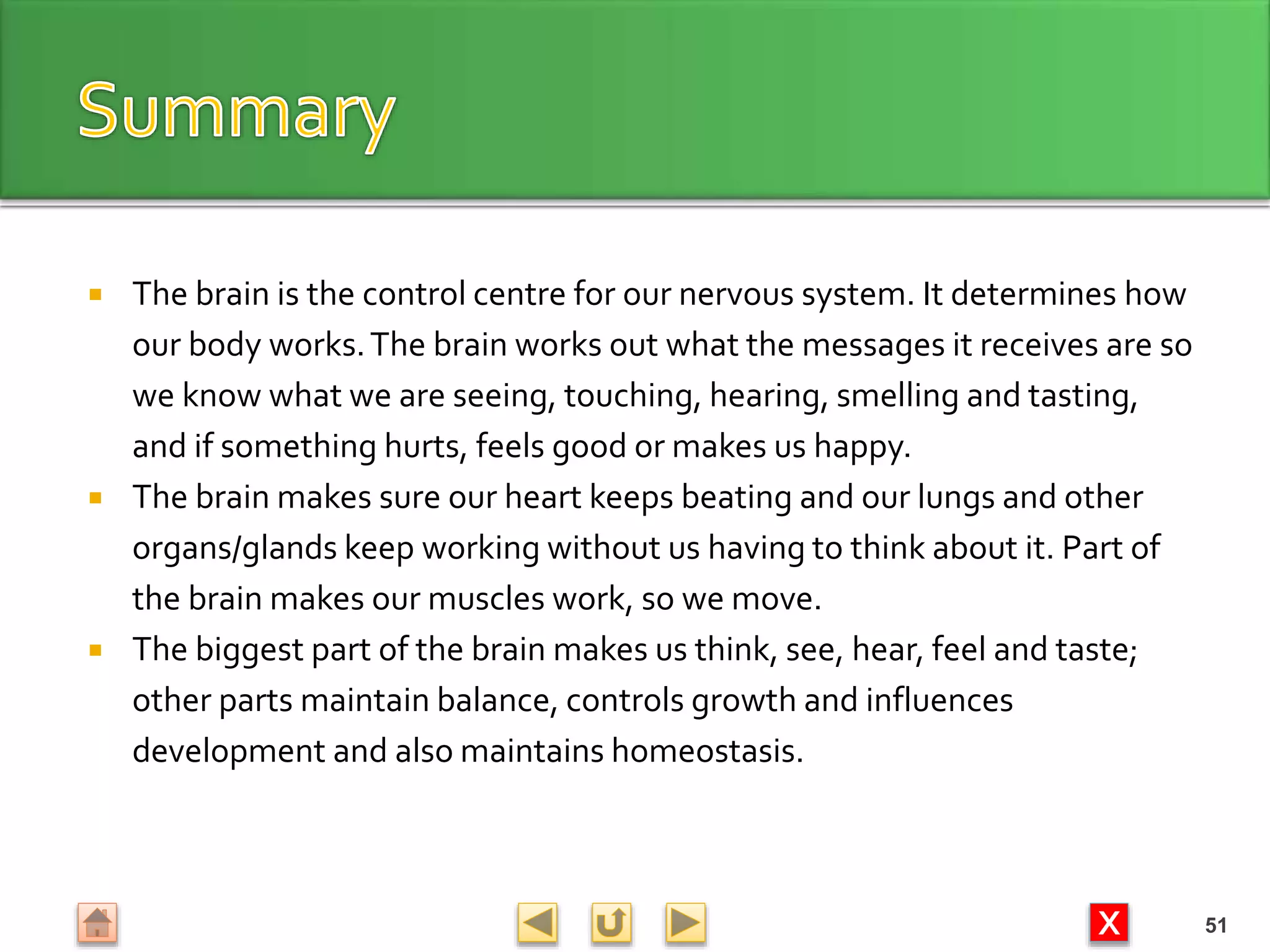 X
 The brain is the control centre for our nervous system. It determines how
our body works.The brain works out what the messages it receives are so
we know what we are seeing, touching, hearing, smelling and tasting,
and if something hurts, feels good or makes us happy.
 The brain makes sure our heart keeps beating and our lungs and other
organs/glands keep working without us having to think about it. Part of
the brain makes our muscles work, so we move.
 The biggest part of the brain makes us think, see, hear, feel and taste;
other parts maintain balance, controls growth and influences
development and also maintains homeostasis.
51
 