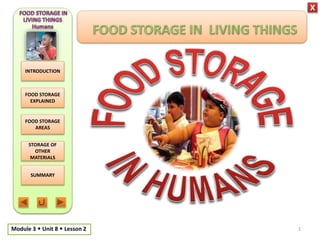 X
INTRODUCTION
FOOD STORAGE
EXPLAINED
FOOD STORAGE
AREAS
STORAGE OF
OTHER
MATERIALS
SUMMARY
Module 3  Unit 8  Lesson 2 1
 